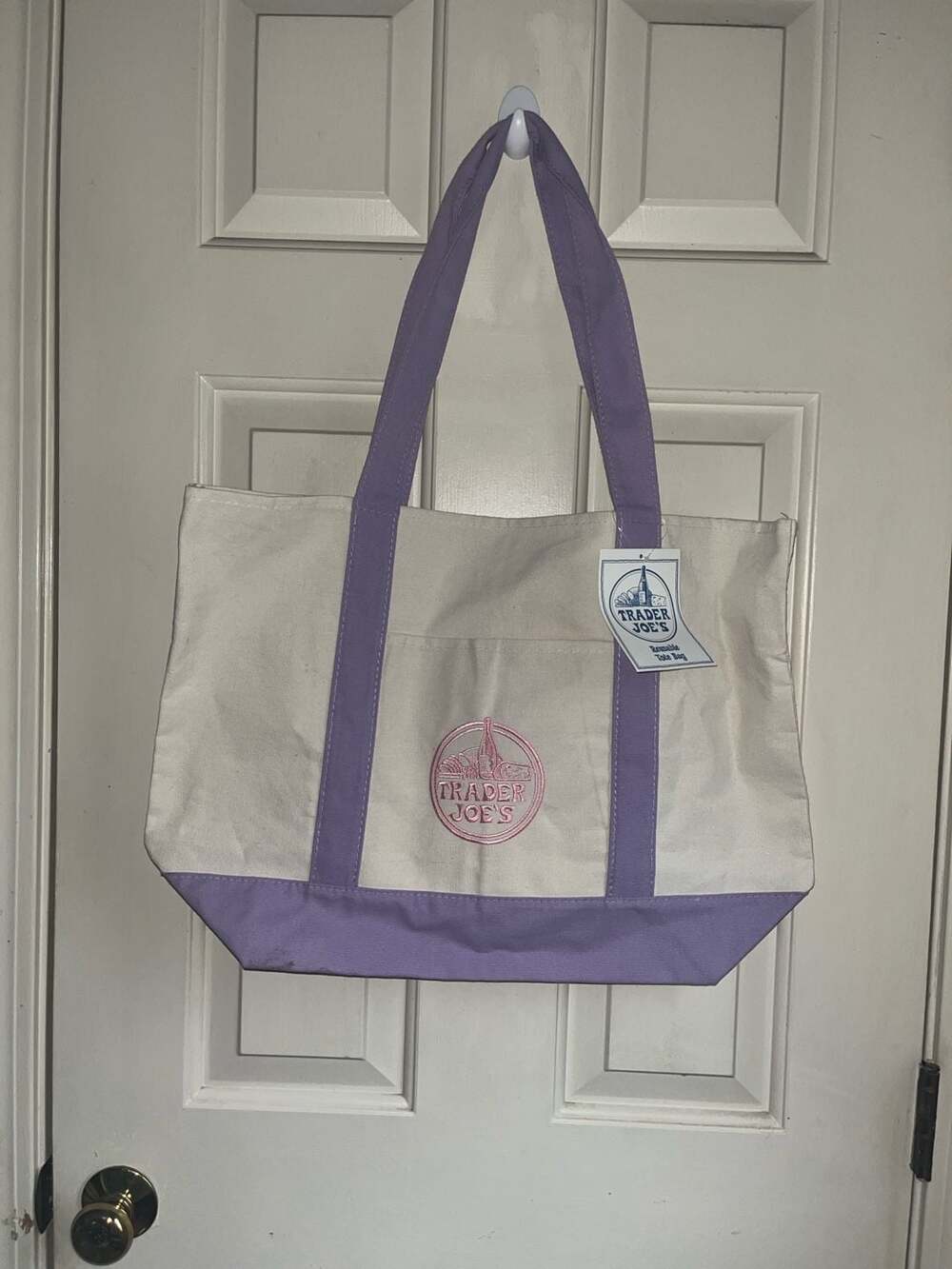 Trader Joe's Large Lavender Canvas Reusable Tote Bag with Pink Logo